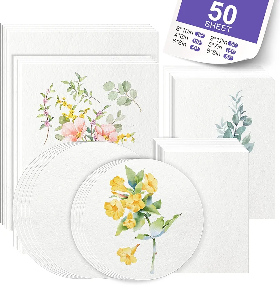 AROIC 50 Sheets Watercolor Paper, 6 Sizes 9" x 12",8" x 10",6" x 6",8" x 8" etc.(300 GSM) Painting & Craft Paper, White Water Color Paper for Painting Art Works Drawing Supplies ﻿