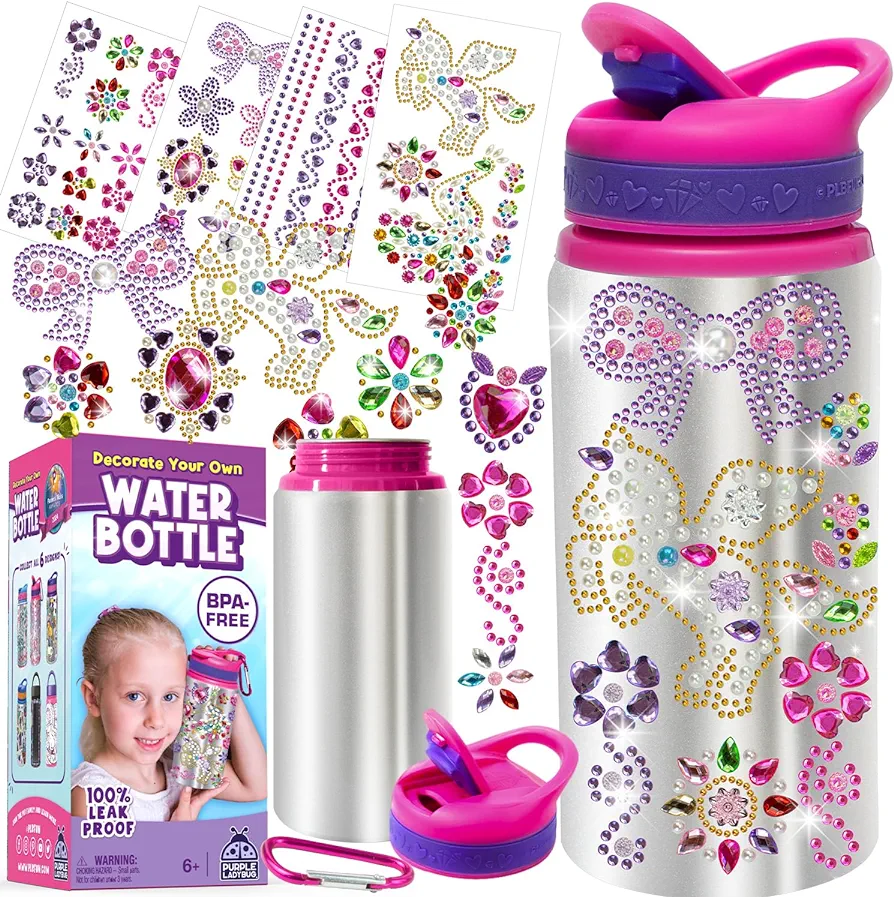 PURPLE LADYBUG Decorate Your Own Water Bottle Kits for Girls - 5 6 7 8 Year Old Girl Gifts, Girl Birthday Gift, Arts and Crafts for Kids Ages 6-8 Girls Water Bottles for School Girls Christmas Gifts