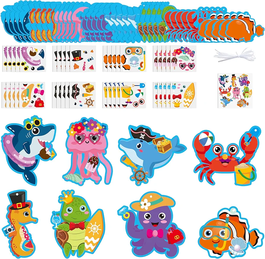 3sscha 40 Packs Summer Sea Animals Craft Kit for Kids - Make Your Own Ocean Marine Animal Card Bulk Set DIY Self-Adhesive Sticker Handmade Art Project Decor Classroom Home Activity Gift Party Favor