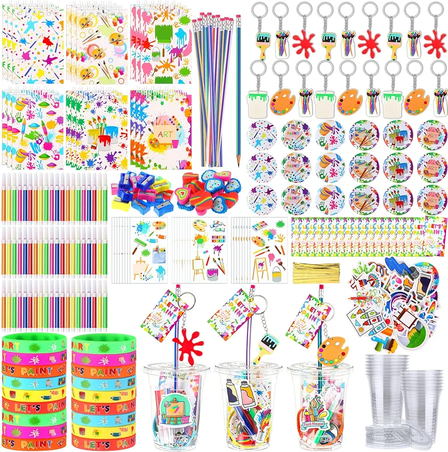 HyDren 295 Pcs Art Paint Party Favors for Kids Spiral Notepads Keychains Gift Cup Badges Bracelets Bendable Pencils Tattoos Stickers Pencil Sharpener Eraser Card Watercolor Pen Birthday Party Gifts