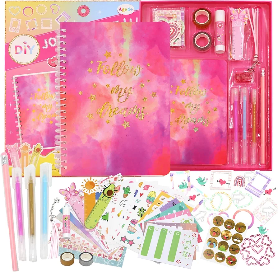 DIY Journal Kit for Girls,58+Pcs Idea for Ages 8 9 10 11 12 Year Old,Birthday/Christmas/Valentine's day Gifts for Girls,Art and Crafts for Kid Scrapbook and Diary Supplies Set (Pink)