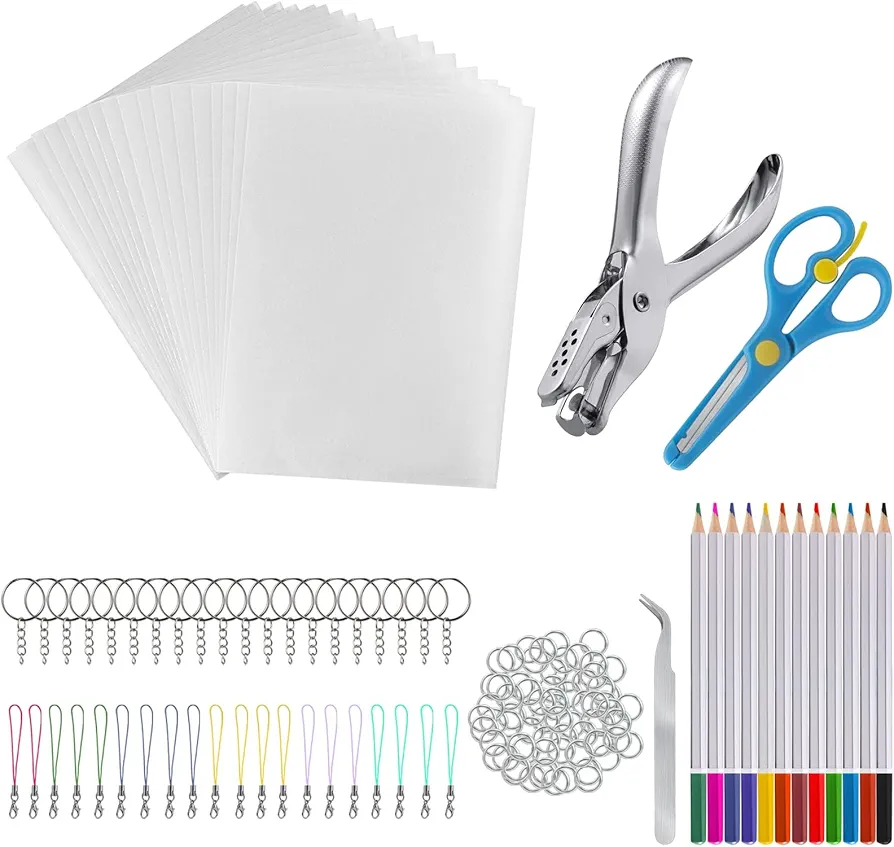 chfine Shrink Plastic Art Keychain kit, 175 Pcs Heat Shrinky Art Crafts Kit Including 20Pcs Shrinky Art Film Papers, 155 Accessories for Adults Creative Craft DIY Activity Ornaments Keychains