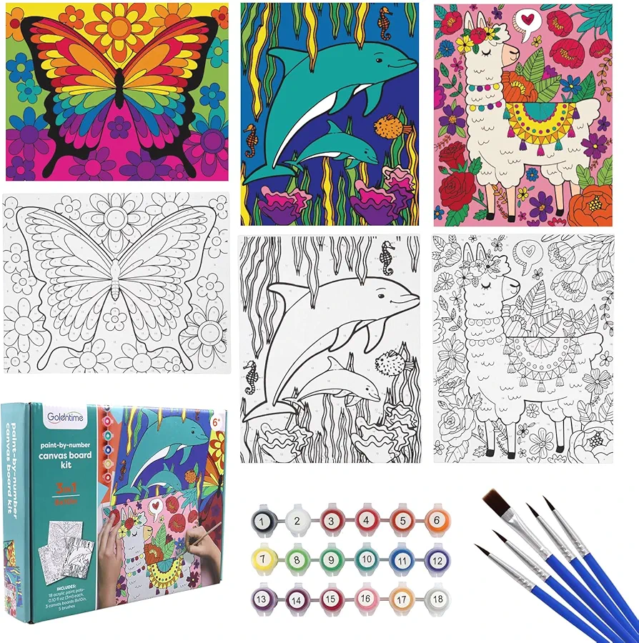 3 Pack Paint by Numbers for Kids Ages 8-12, Pre-Drawn Canvas Painting, Includes 8x10 inch Framed Canvas with 18 Acrylic Paints, 5 Brushes for Kids, Perfect Creative Gifts & Arts and Crafts for Kids