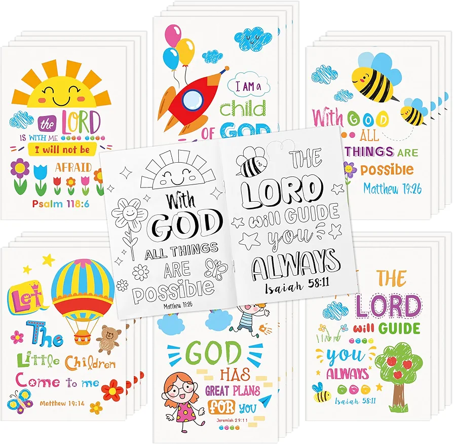 Dvbonike 24Pcs Religious Coloring Books - Bible Verses DIY Color-in Pages Booklet Bulk Drawing Holiday Christian Theme Activity Supplies for Sunday School Classroom Rewards Artwork Gift for Kids