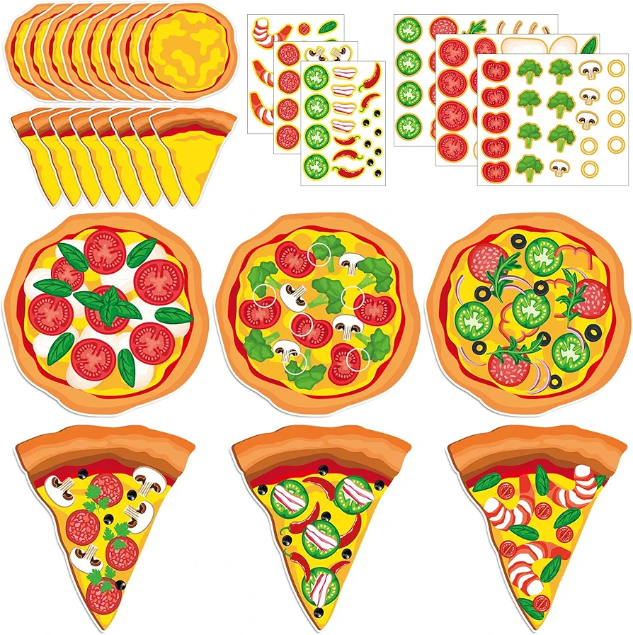Qyeahkj 30 Pcs Pizza Craft Kits for Kids Make A Pizza Stickers Paper Card Make Your Own Pizza DIY Gifts Activity Hanging Decals Ornament Decor for Birthday Party Favor