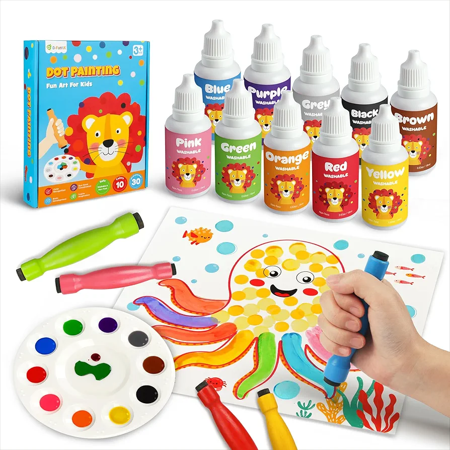 D-FantiX Washable Paint Dot Markers for Toddlers, 10 Colors Bingo Daubers Dot Art Kits for Kids Children, Preschool Learning Activities, Kindergarten Classroom Art Supplies