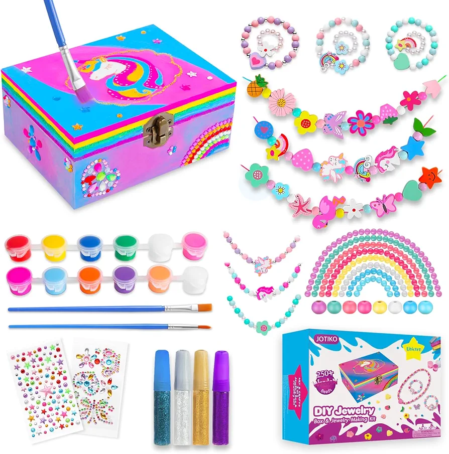 JOTIKO Art & Crafts Unicorn Toys for Girls - DIY Jewelry Box Painting Kits Art Supplies Birthday Gifts for Kids Age 4-8, 250 PCS Colorful Wooden Beads Bracelets Necklaces Jewelry Making Kits