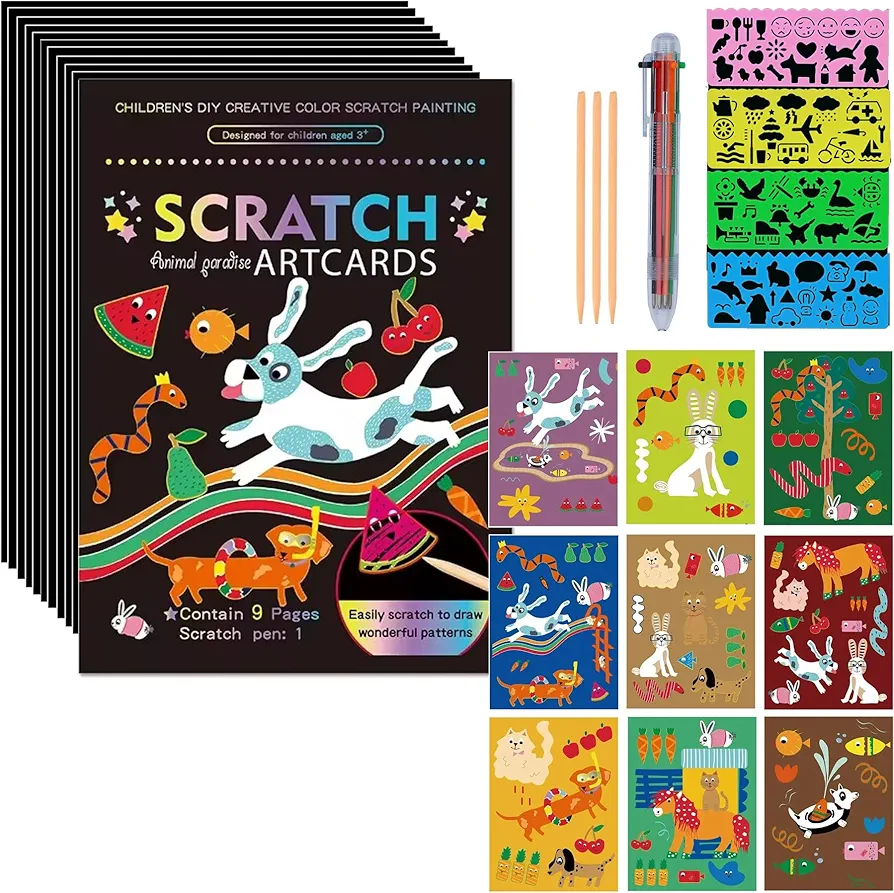 SuyuanArt Animal Scratch Art Cards and Black Rainbow Scratch Paper Set, with Drawing Stencil,Scratching Wooden Sticks etc,Scratch Off Picture for Kids Girls Boys Toy Halloween Christmas Gift