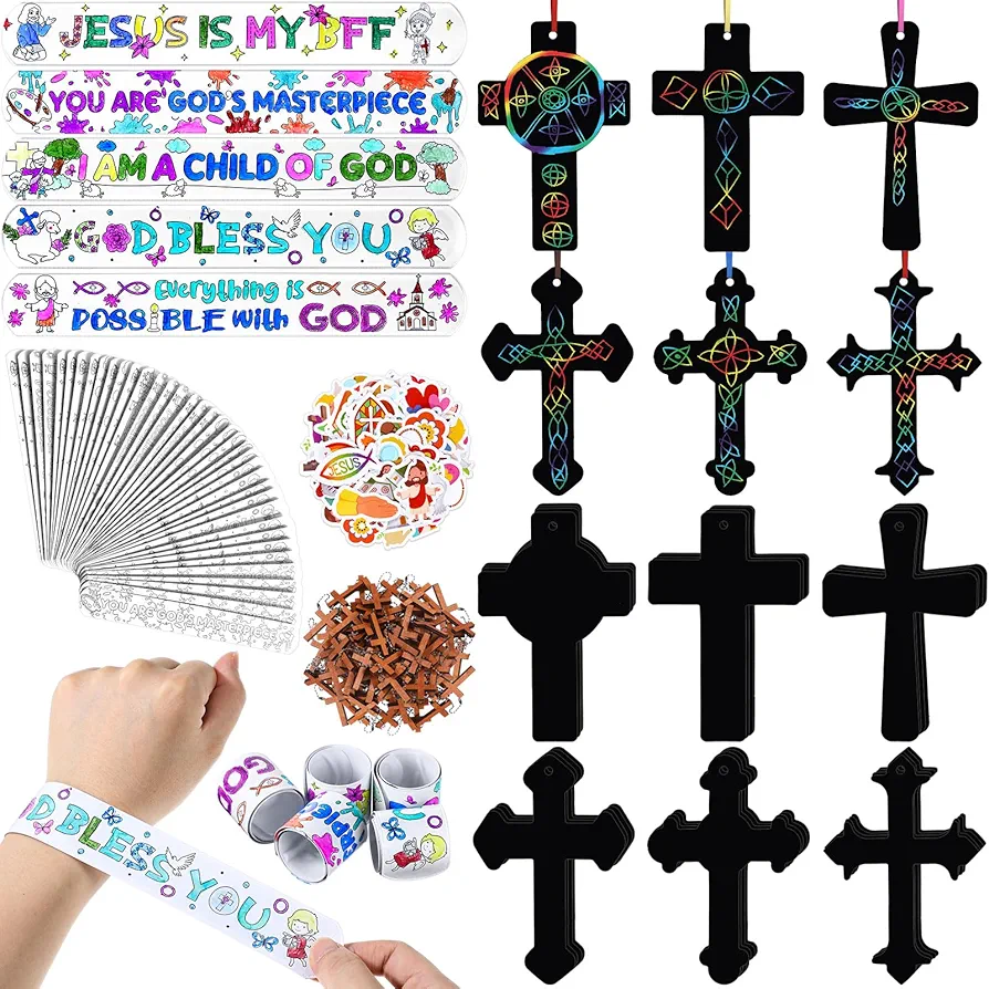 Frienda 50 Sets Religious DIY Crafts Kits, Bible Verse Slap Bracelet Cross Scratch Ornaments Wooden Cross Charms Christian Stickers for Religious Gift Gathering Party Supplies Decoration