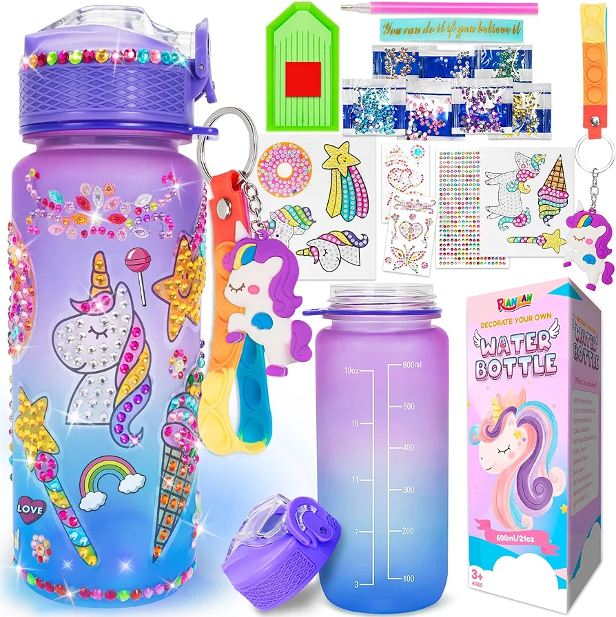 Decorate Your Own Water Bottle Kits for Girls Age 4-10, Unicorn Gem Stickers DIY Toys with Light Glow in The Dark, Arts and Crafts for Kids Ages 8-12, Birthday Gifts for Girls Age 5 6 7 8