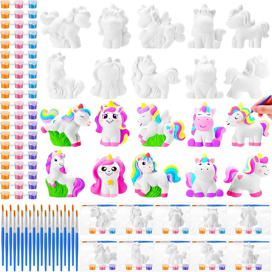 Simgoing 20 Set Truck Dinosaur Unicorn Mermaid Farm Jungle Animal DIY Painting Kit Pumpkin Snowman Ceramic Paint Your Own Figurines Unpainted Plaster Craft for Party Favor (Unicorn)