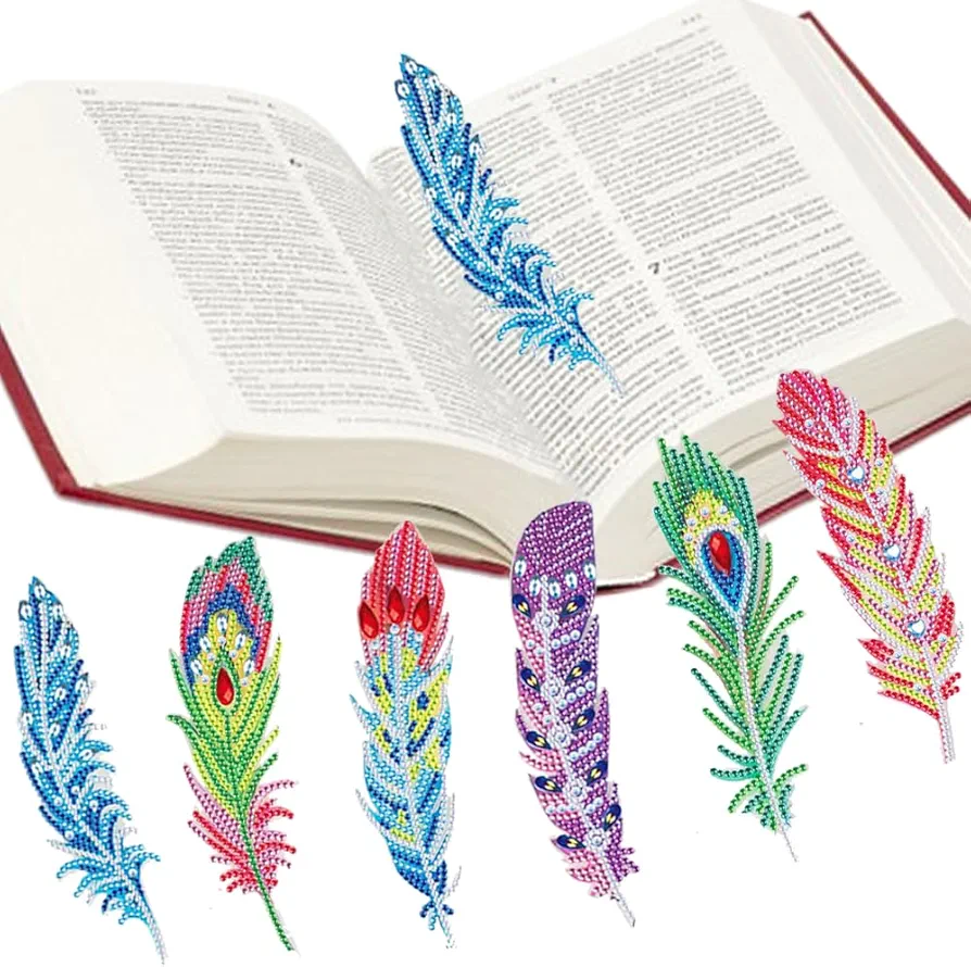 6 Pcs Diamond Art Kits - Diamond Art Bookmarks for Adults,Diamond dotz Kits with Pendant Painting Feather Bookmarks,Arts and Crafts for Kids Adults Gifts