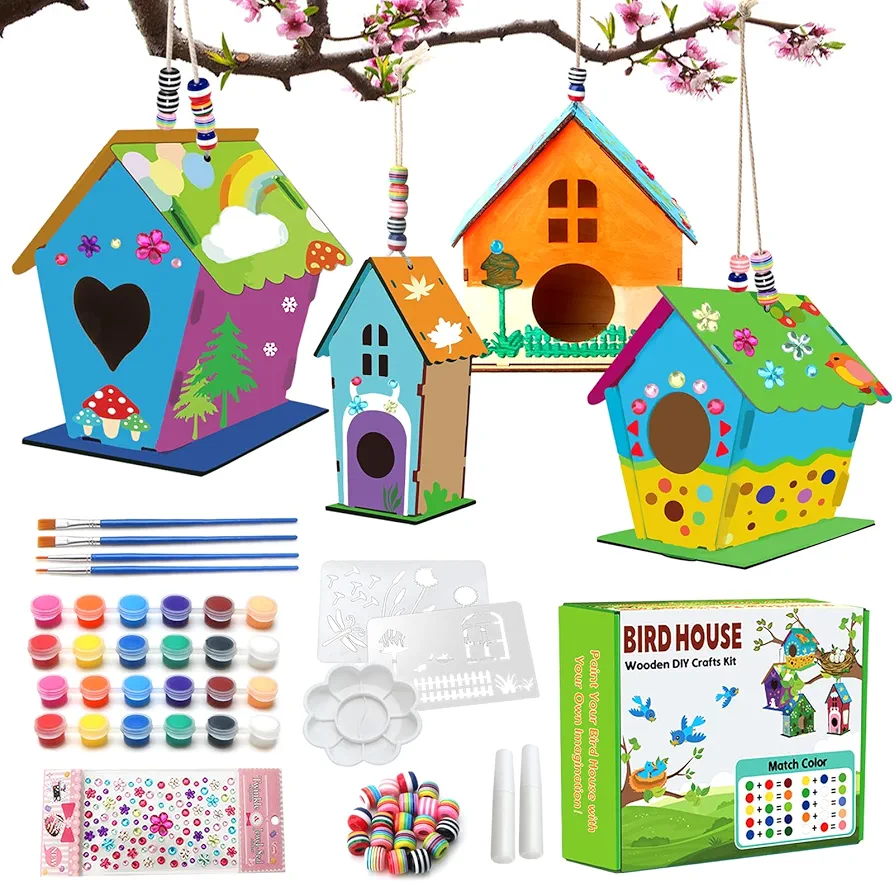 4 Pack Bird House Crafts for Kids Ages 5-8 8-12, DIY Birdhouse Kit for Children to Build, Art Craft Wooden Toys, Craft Projects with Paint,Brushes,Draw Board, Children's Day Gift for Boy Girl