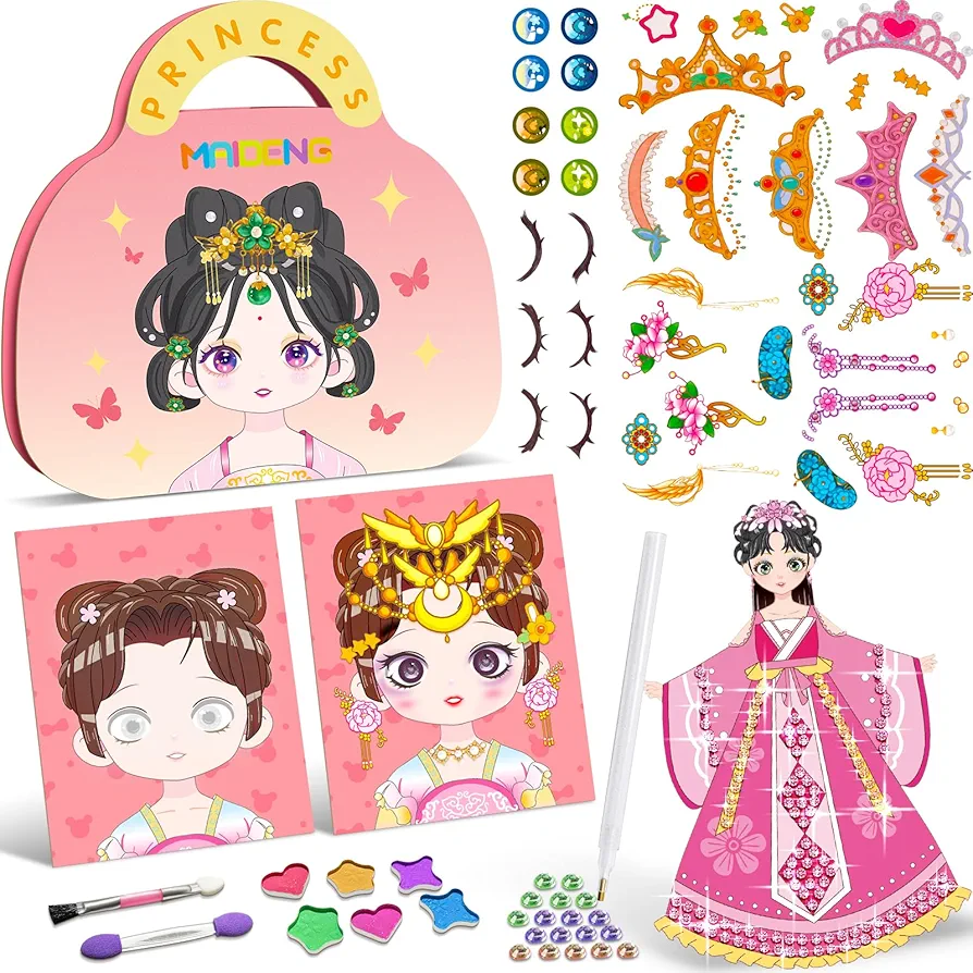 ZHOC Art Craft Activity for Kids, Make Up on Paper DIY Girls Toys Kit with Diamond Painting & Princess Dress Up Set, Ideal Birthday Gift for Girls Ages 4 5 6 7 8 9+ Year Old