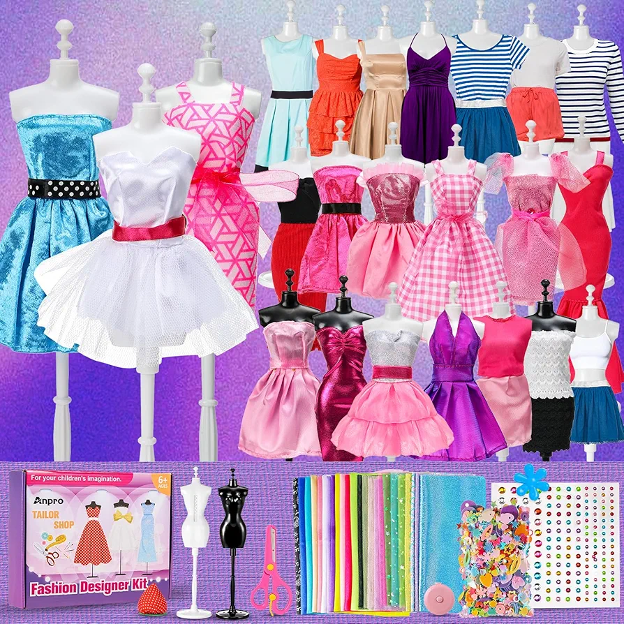 Anpro 650+Pcs Fashion Designer Kit for Girls with 2 Mannequins, DIY Arts & Crafts Kit for Girls Age 6-12 Toys, Doll Clothes Making Sewing Kit - Perfect Teen Girls' Birthday and Christmas Gifts
