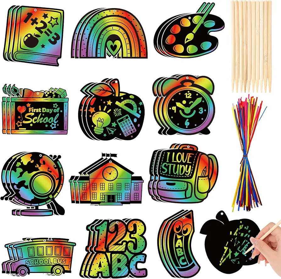 HOWAF 36pcs Back to School Scratch Paper Art Kit,First Day of School Rainbow Scratch Off Cards for Holiday Activity School DIY Drawing Project Supplies,Welcome Back School Paper Scratch Pad for Kids