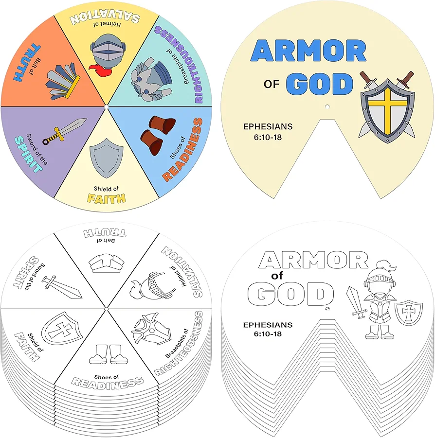 COcnny 24 Sets Armor Of God Color Wheel Craft, Color Your Own Knight Art for Kids, Religious Bible Coloring DIY Crafts Art Cards Game for Sunday School Christian Classroom Home Activities VBS Supplies