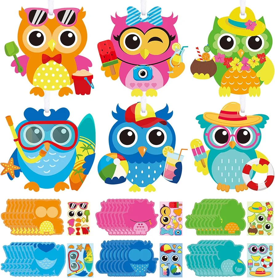 Pasimy 48 Packs Summer Craft Kits for Kids DIY Hawaii Aloha Owl Craft Preschool Art Craft Set Make Your Own Hawaii Owl Craft Summer Hawaii Owl Ornament Kit for Kids Summer Party Classroom Activities