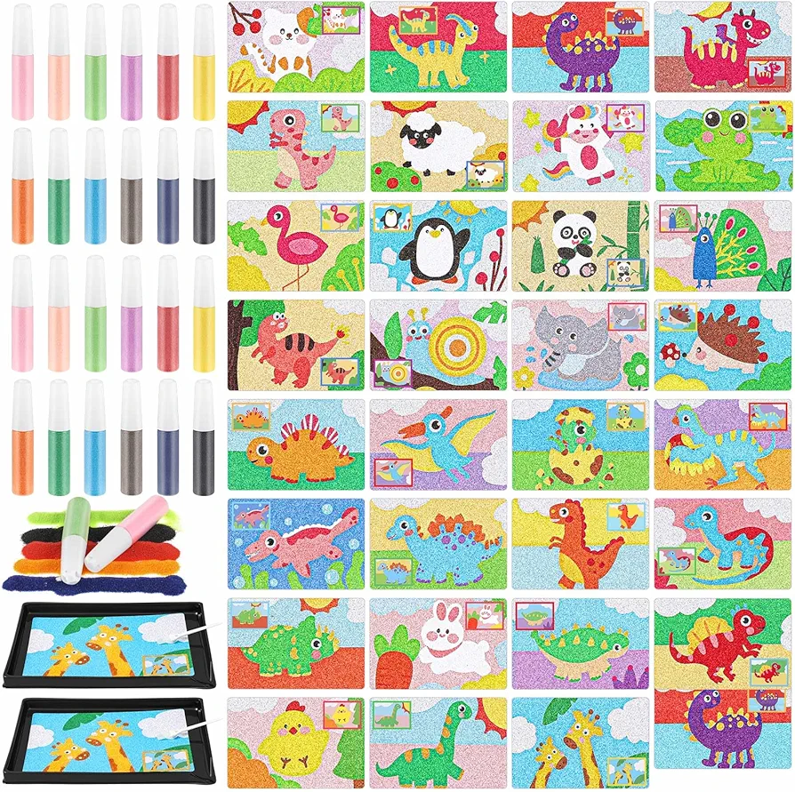 Tenceur 60 Pcs Kids' Sand Art Kits Сolor Sand Art Pictures Peel and Stick 12 Color Sand Art Kit 32 Pcs Sand Painting Board 2 Sand Painting Tray 2 Brush 24 Sand Art Bottles for Kids Color Sand Art Kit