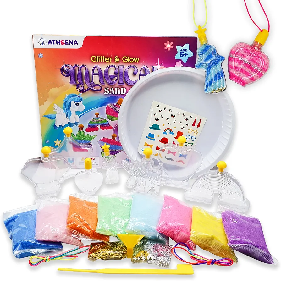 ATHEENA Sand Art Kit, DIY Crafts for Kids, Ages 5+, Summer Arts & Craft Activity, 7 Designs, 7 Colors, 1 Glow in The Dark Sand, 2 Glitters, Inspires Creativity, Birthday, Christmas Gift, Unicorn Fun