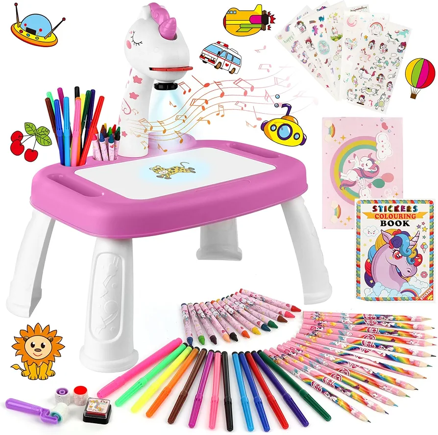 Drawing Projector for Kids, Drawing Board with Music, Color Pens, Pencils, Crayons, Scrapbook, Sticker Book, Unicorn Stickers, Stamps, Ideal Toy for 3+ Year Old Girls & Boys (Unicorn Kit)