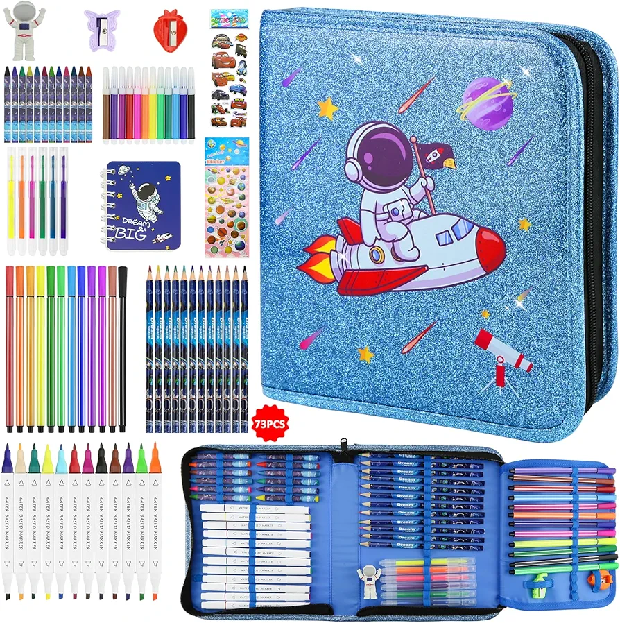 JAMIEWIN Markers Set with Glitter Space Pencil Case, 73 Pcs Art and Craft Supplies Kit for Kids, Gifts for Boys 4-9 Year Old for Christmas Birthday