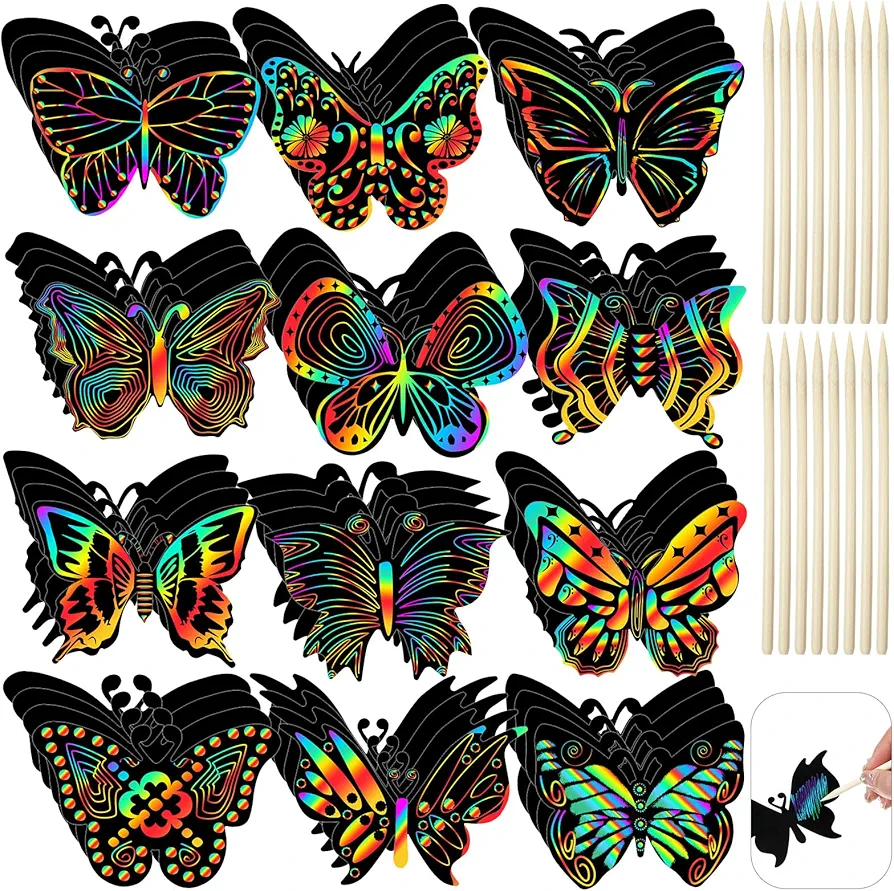 Deekin 72 Pieces Butterfly Scratch Cards Rainbow Spring Scratch Crafts Butterfly Party Favors with 36 Pieces Bamboo Stylus for Girls Boys Classroom Games DIY Crafts Home Ornaments, 12 Styles
