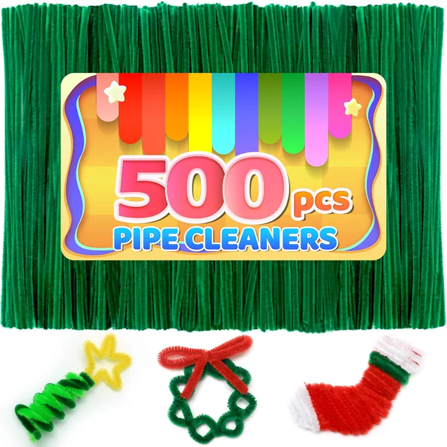 Iooleem 500pcs Christmas Green Pipe Cleaners, Chenille Stems, Pipe Cleaners for Crafts, Pipe Cleaner Crafts, Art and Craft Supplies.