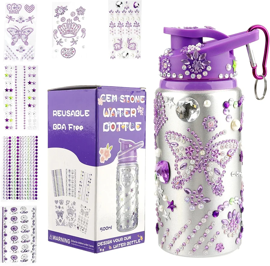 Gift for Girls, Decorate Your Own Water Bottle for Girls, DIY Arts and Crafts Kits for Kids, Back to School Supply Gifts for Kids, Purple