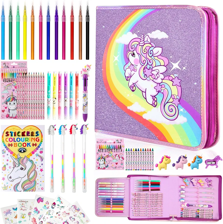 Unicorn Washable Marker Set, 59 Pcs Arts and Crafts Coloring Set for Kids, Drawing Art Supplies Birthday Gifts for Girls 4 5 6 7 8 9 Year Old (Purple)