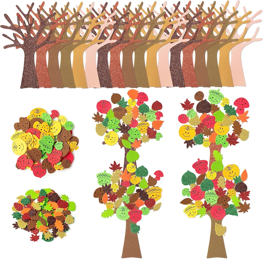3sscha 184Pcs Fall Tree Foam Sticker Craft for Kids DIY Self-Adhesive Leaf Pumpkin Acorn Shaped Glitter Sticker Interior Wall Decor Classroom Home Activity Thanksgiving Autumn Party Favor Supplies