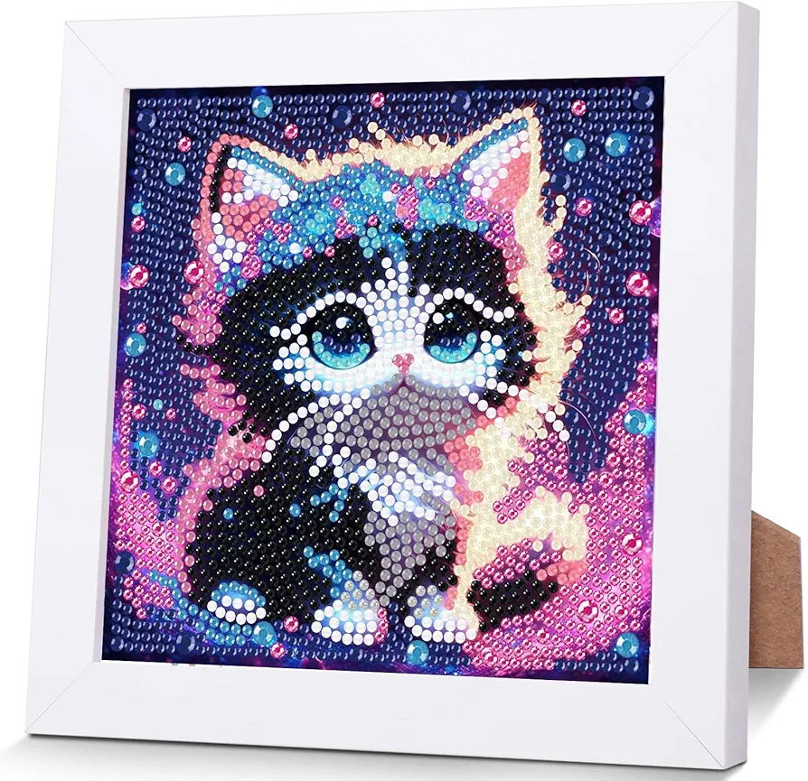 Cat Diamond Art Painting Kits for Kids with Frame,Animal Diamond Art for Kids Ages 4-8-12,Easy Kids Gem Art Kit with Beautiful Package for Gift Home Wall Decor(7x7inch)