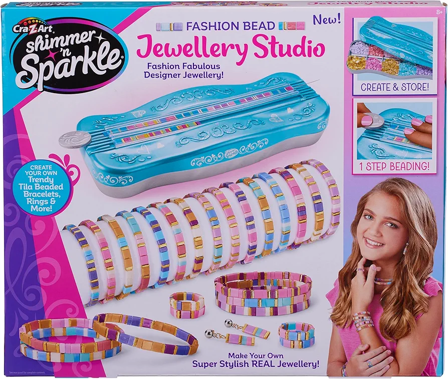 Cra-Z-Art Shimmer 'n Sparkle Tila Fashion Bead Jewelry Loom Making Kit, Make Trendy Friendship Bracelets, Rings and More with This, Jewelry Kit for Ages 8 and Up