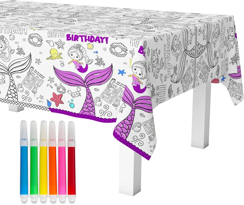 Giant Mermaid Coloring Poster for Kids, 54x108 Inch Mermaid Theme Coloring Poster Table Cover for Kids Boys Girls Birthday Party Supplies Preschool Kindergarten Classroom Arts and Crafts
