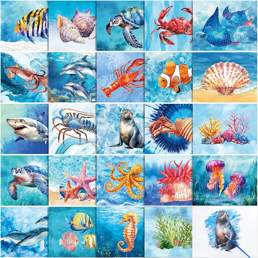 Trandraft 24 Pcs Dementia Products for Elderly Alzheimers Activities for Adults Seniors Reusable Water Painting Toys with 1 Painting Brush Water Doodle Coloring Drawing Gifts Set(Ocean Life)