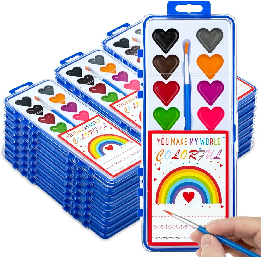 Watercolor Paint Set, 16 Colors with Brush, 24 Pack Bulk, Ideal Valentines Day Gifts for Kids, School Party Favors, Arts & Crafts