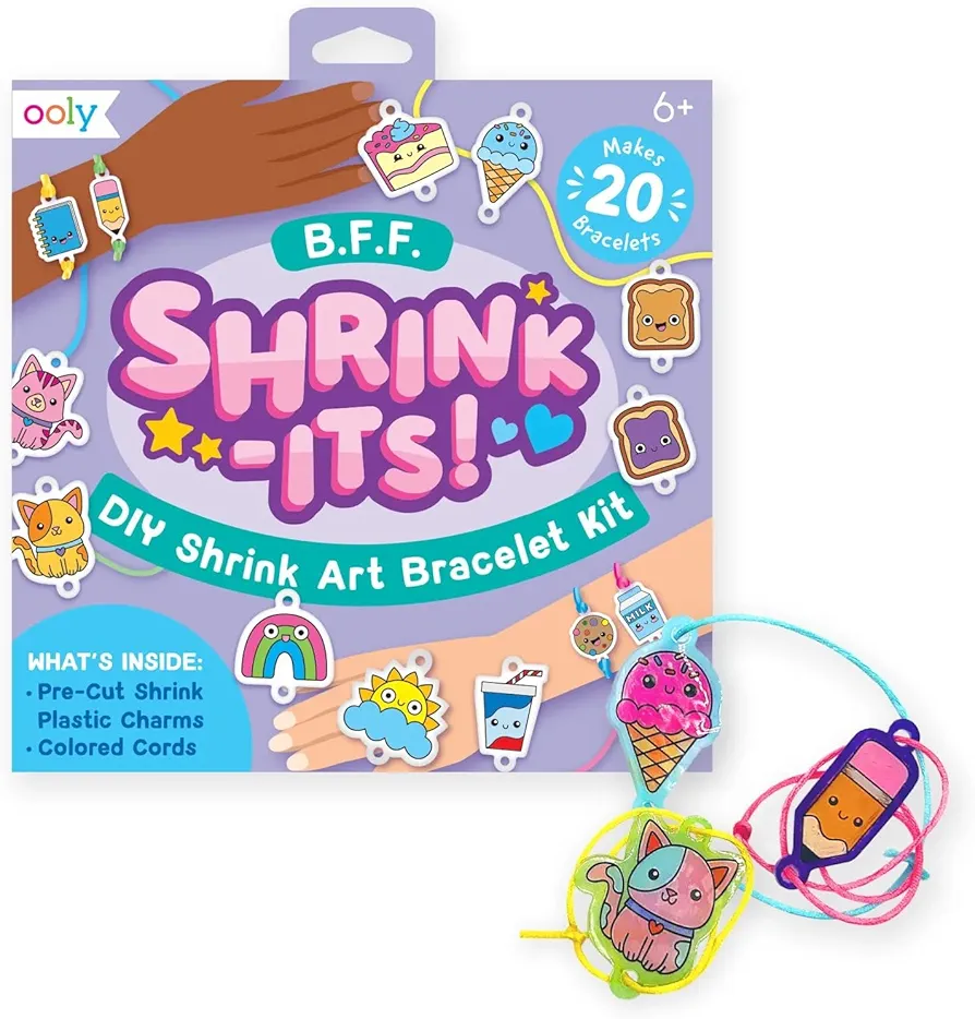 Ooly Shrink-Its! 24 PC DIY Shrinking Art Bracelet Kit That Creates BFF Bracelets, Includes 20 Plastic Pre Cut Charms and More! No Mess Art for Kids, DIY Creative Activity, Party Favor [BFF Bracelets]