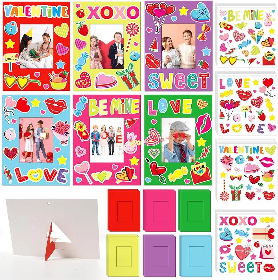 Qyeahkj 48 Pack Valentines Day Picture Frame Craft Kits with Easel Valentine 's Day Craft Arts for Kids with Heart Stickers Valentines DIY Photo Frame for Fun Home Class Kindergarten Party Activity