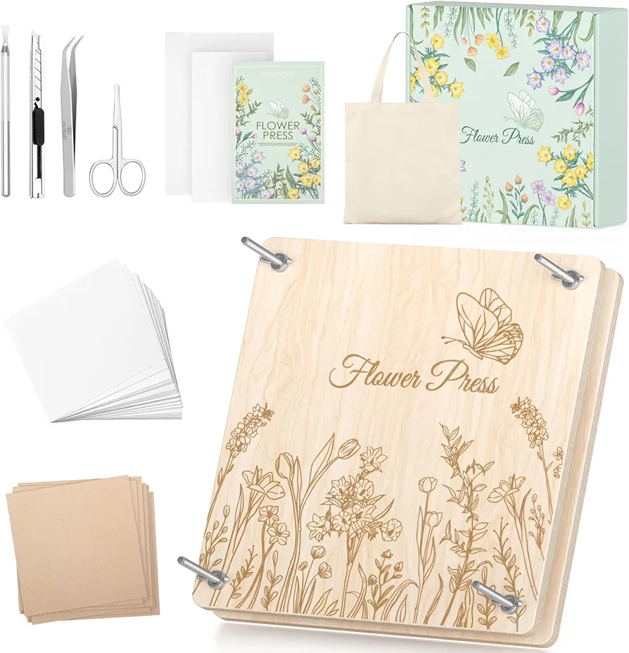 Wakhow Flower Press Kit, 11.02" x 11.02" Large Wooden Flower Press, Flower Pressing Kit for Adults & Kids, DIY Flower Drying Art Kit, Flower Preservation Craft, Ideal Gift for Flower & Plant Lovers