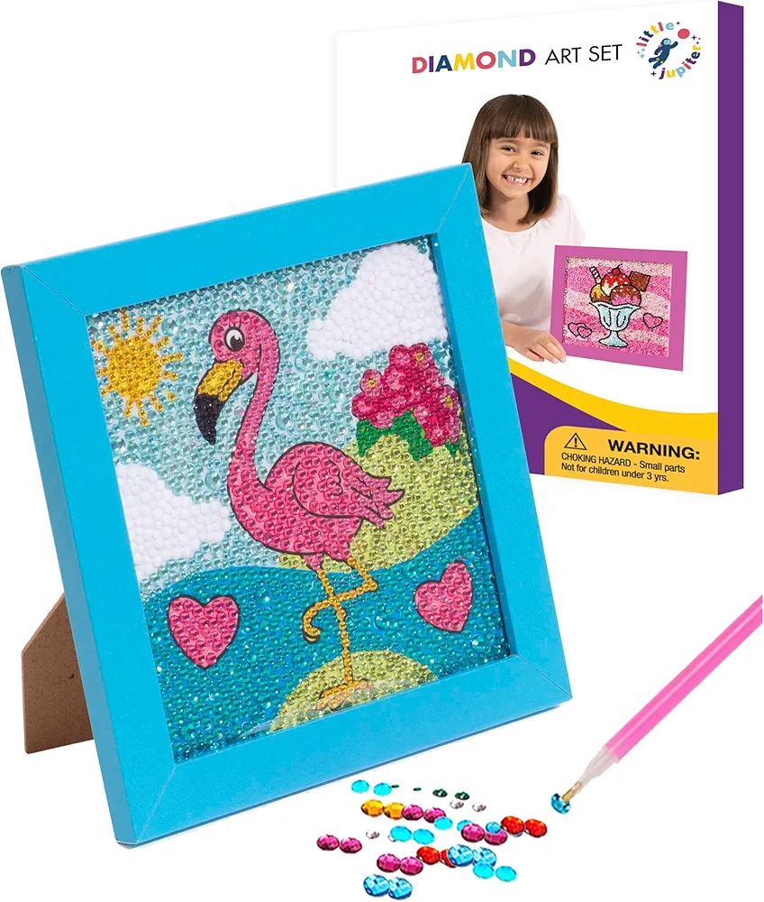 Little Jupiter Diamond Art Kits for Kids w/ 7 1/8" x 7 1/8" Frame - Kids Diamond Art - Kids Diamond Art Kits - Kids Diamond Art Kits - Diamond Art Kit for Kids - Gem Art Kit (Flamingo Blue Frame)