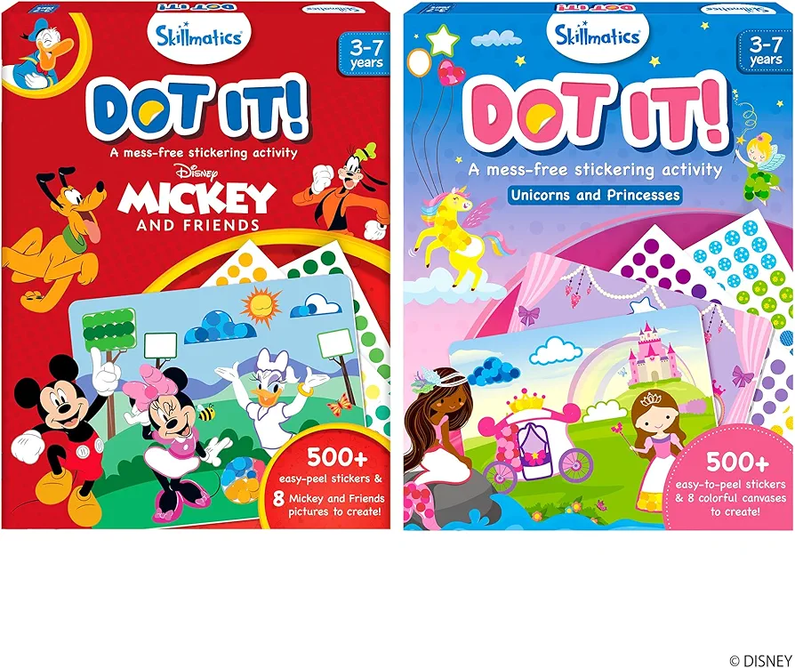 Skillmatics Dot It Mickey & Friends & Dot It Unicorns & Princesses Bundle, Mess-Free Sticker Art for Kids, Craft Kits, DIY Activity, Gifts for Boys & Girls Ages 3, 4, 5, 6, 7