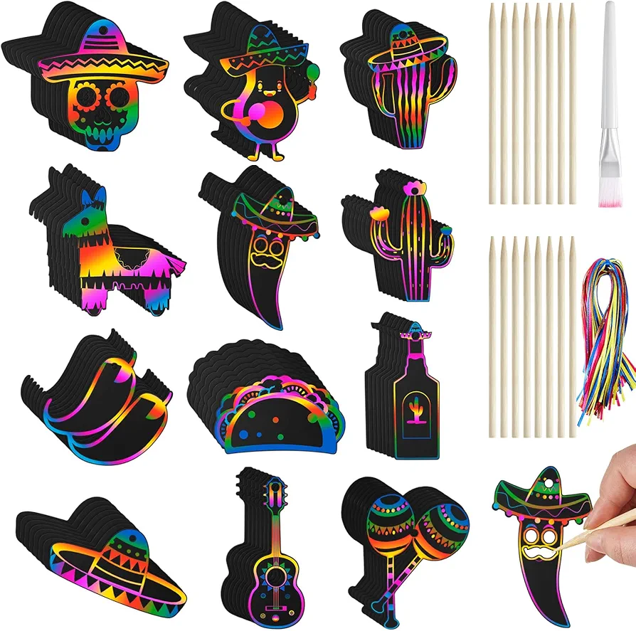 96 Pcs Mexican Fiesta Scratch Paper Kit for Kid Cinco De Mayo Paper Scratch Arts Mexican Crafts for Kids DIY Rainbow Hanging Ornaments for Party Classroom Activity School Drawing
