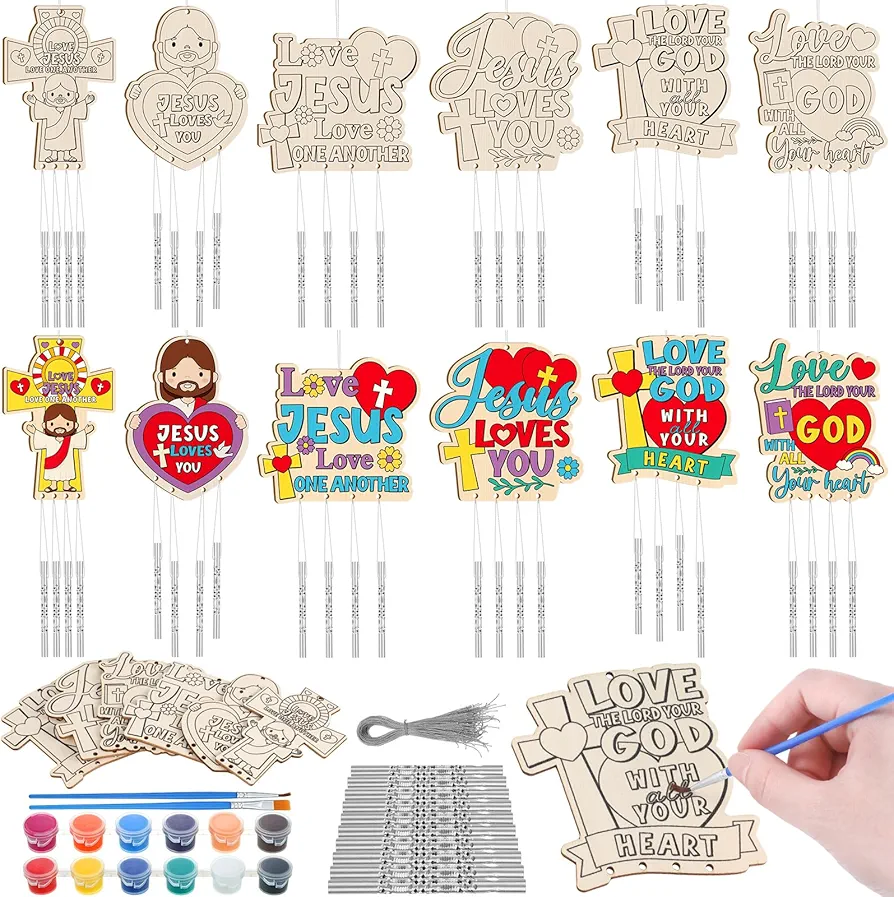24 Sets Religious Wind Chimes Craft for Kids Make Your Own Jesus Loves You Windchime DIY Wooden Hanging Ornaments Religious Coloring Wind Chime for Kids Gifts Sunday School Home Party