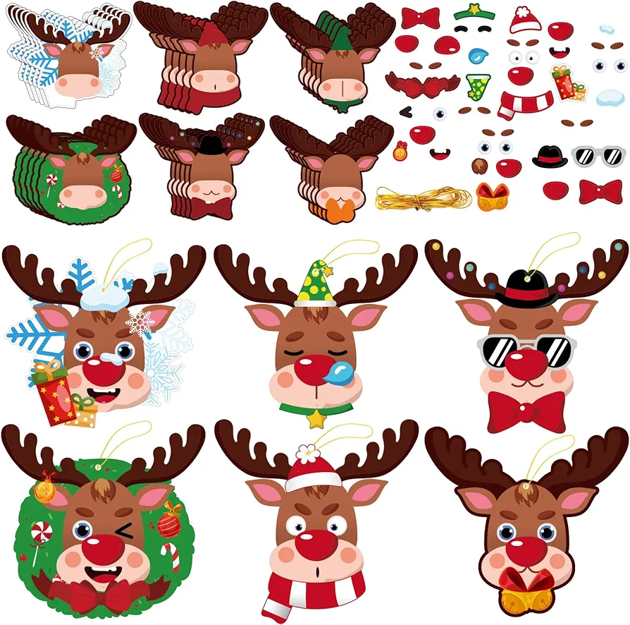 30 Packs Christmas Reindeer Ornament Craft Kit for Kids Holiday DIY Art Craft with Self Adhesive Stickers, Make Your Own Xmas Reindeer Christmas Decoration Home Classroom Party Game Activities