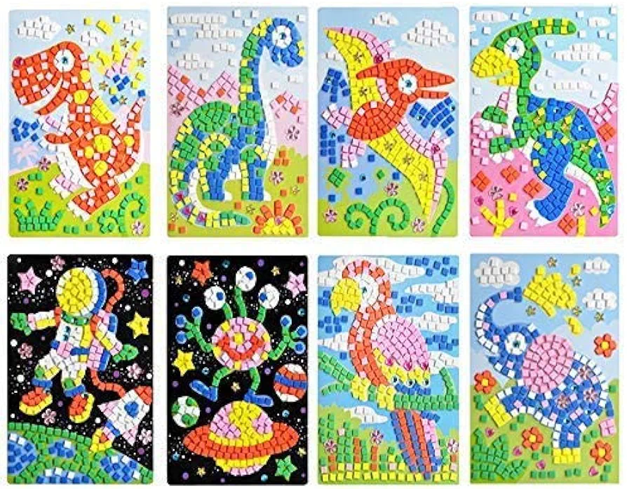CCINEE Mosaic Sticker DIY Handmade Art Crafts Kits Christmas New Year Gifts for Kids Elephant Parrot Astronaut Dinosaurs 8 Packs