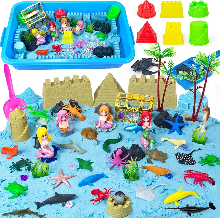 Mermaid Sensory Bin for Kids Toy,Ocean Play Sand Art Kits with Sandbox/2.64lb Color Sand/6 Molds/4 Mermaids/30 Sea Animals, Mermaid Sensory Toy Christmas Birthday Gift for Toddler Ages 3 4 5 6 7 8