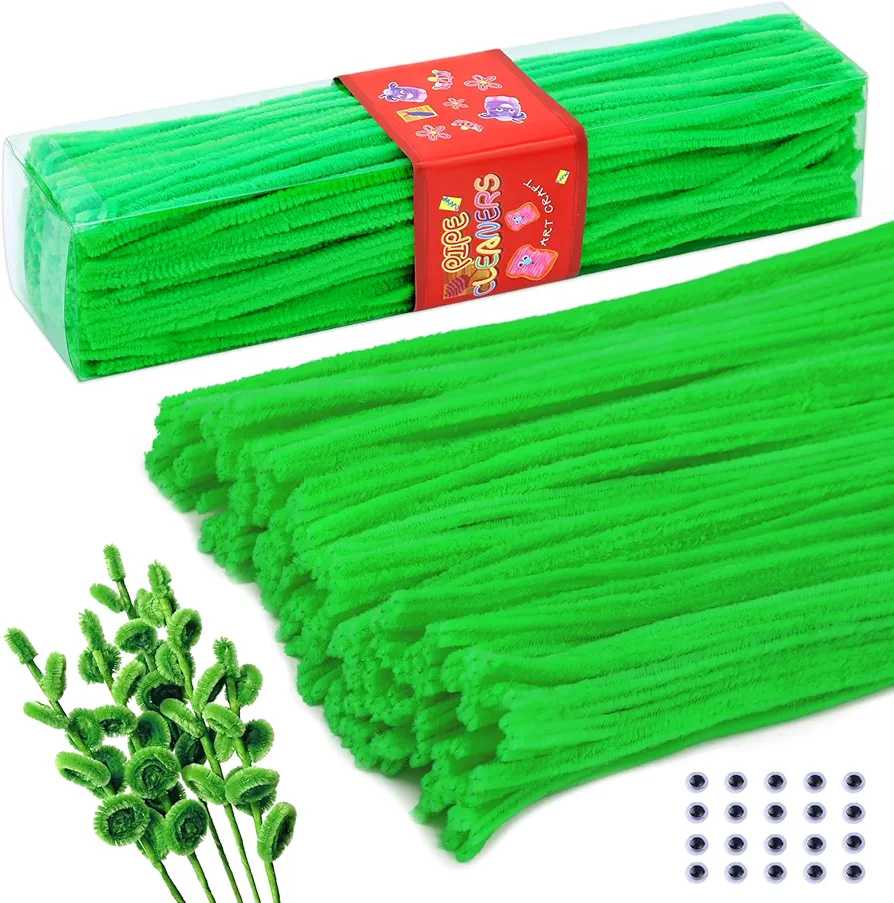 LOKUNN Pipe Cleaners, 200 Pcs Fruit Green Pipe Cleaners Craft Set, Solid Color Chenille Stems, DIY Arts and Crafts with Adhesive Eyes and Storage Box, Christmas Mother's Day Decoration Art Supplies