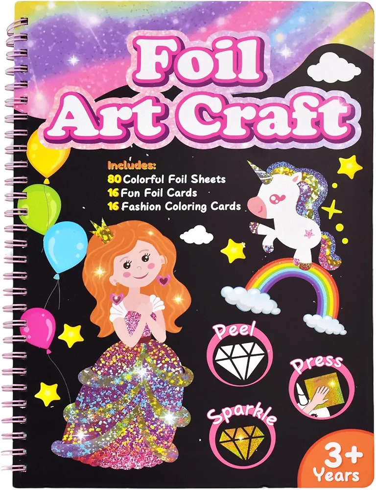 Gurmkzen Foil Art Craft Kit for Kids - Fun Foil Unicorns & Princesses, No Mess Foil Art Set Toys, DIY Foil Stickers, Kids Travel Activities, Arts and Crafts for kids Ages 3-9