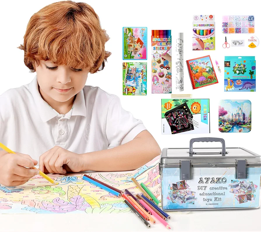 Kids Toys DIY Art Craft Set with Dinosaur World Wall Painting Paper, Water Coloring Books, Colored pencils Bracelet Making Kit and Castle Jigsaw Puzzle for 4,5,6,7,8,9,10,11,12 Years Old for Kids