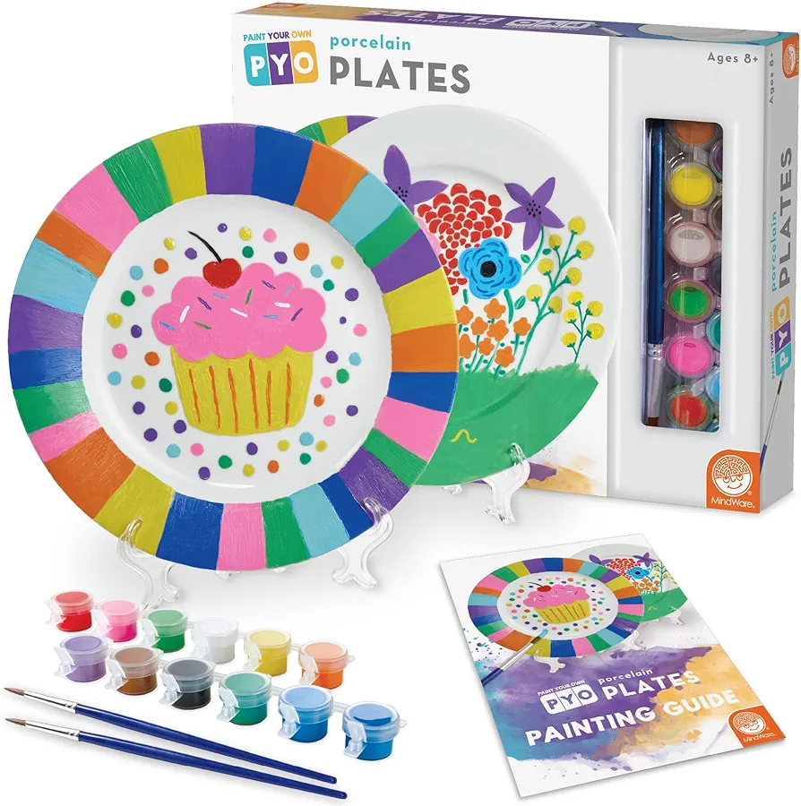 MindWare Paint Your Own Porcelain Plates - Kit Includes 2 Porcelain Plates, 12 Paints, 2 Paint Brushes, and 2 Stands